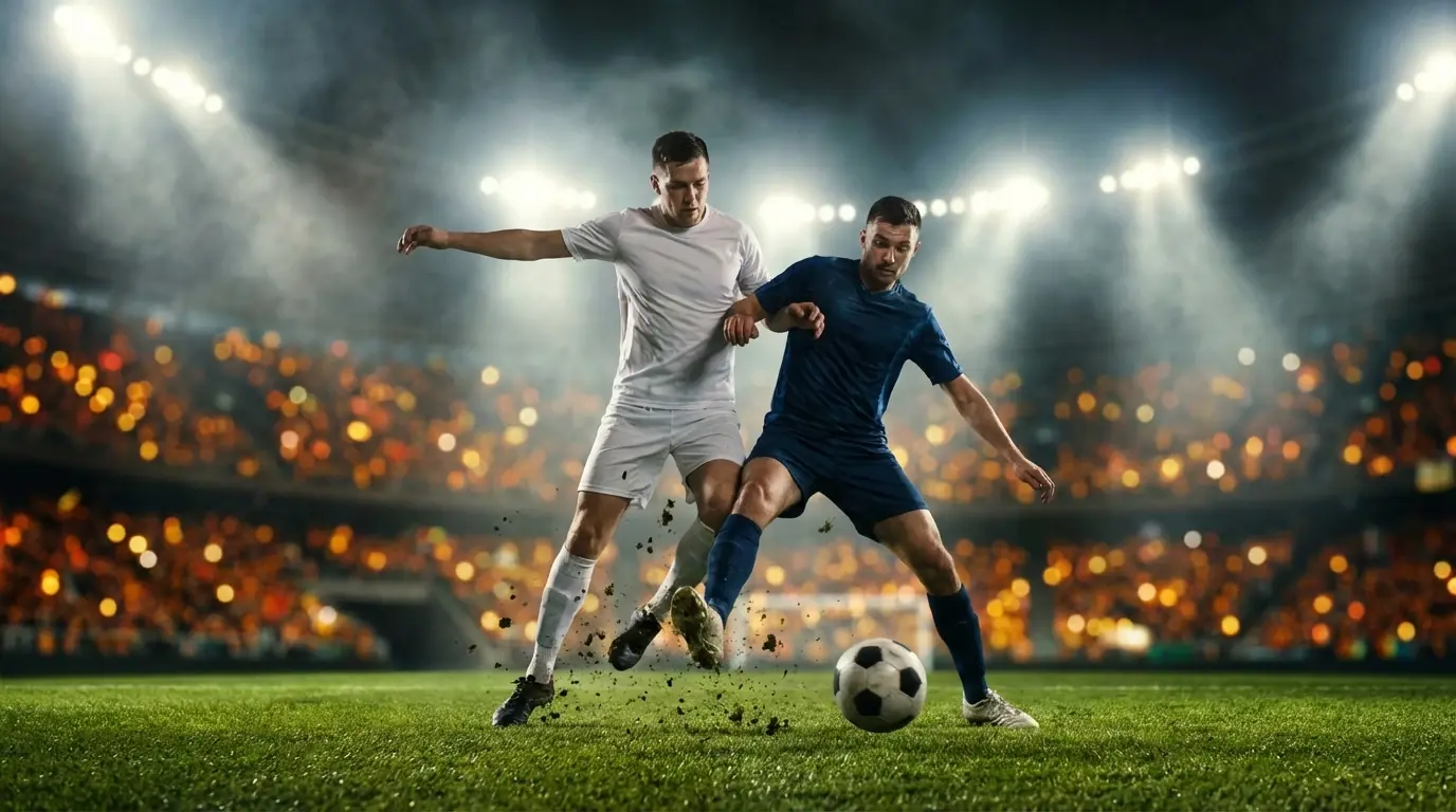 Jugadores de fútbol profesional en un campo de césped natural bajo focos nocturnos durante un partido de eliminatorias europeas