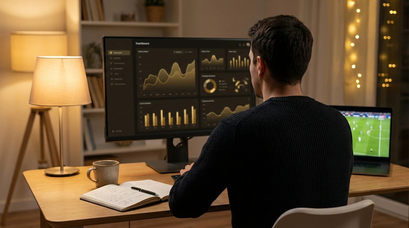 Persona analizando datos de apuestas deportivas en una pantalla de portátil con gráficos de rendimiento del mercado español